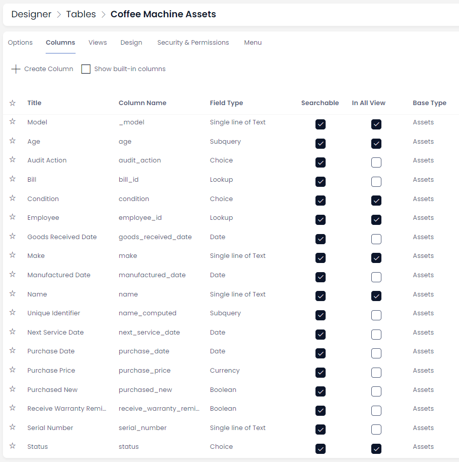 A screenshot demonstrating how to create a Coffee Machine Assets subtype table. It highlights why creating a subtype is powerful: all of the columns from the main Assets table are now inherited by the new subtype table.